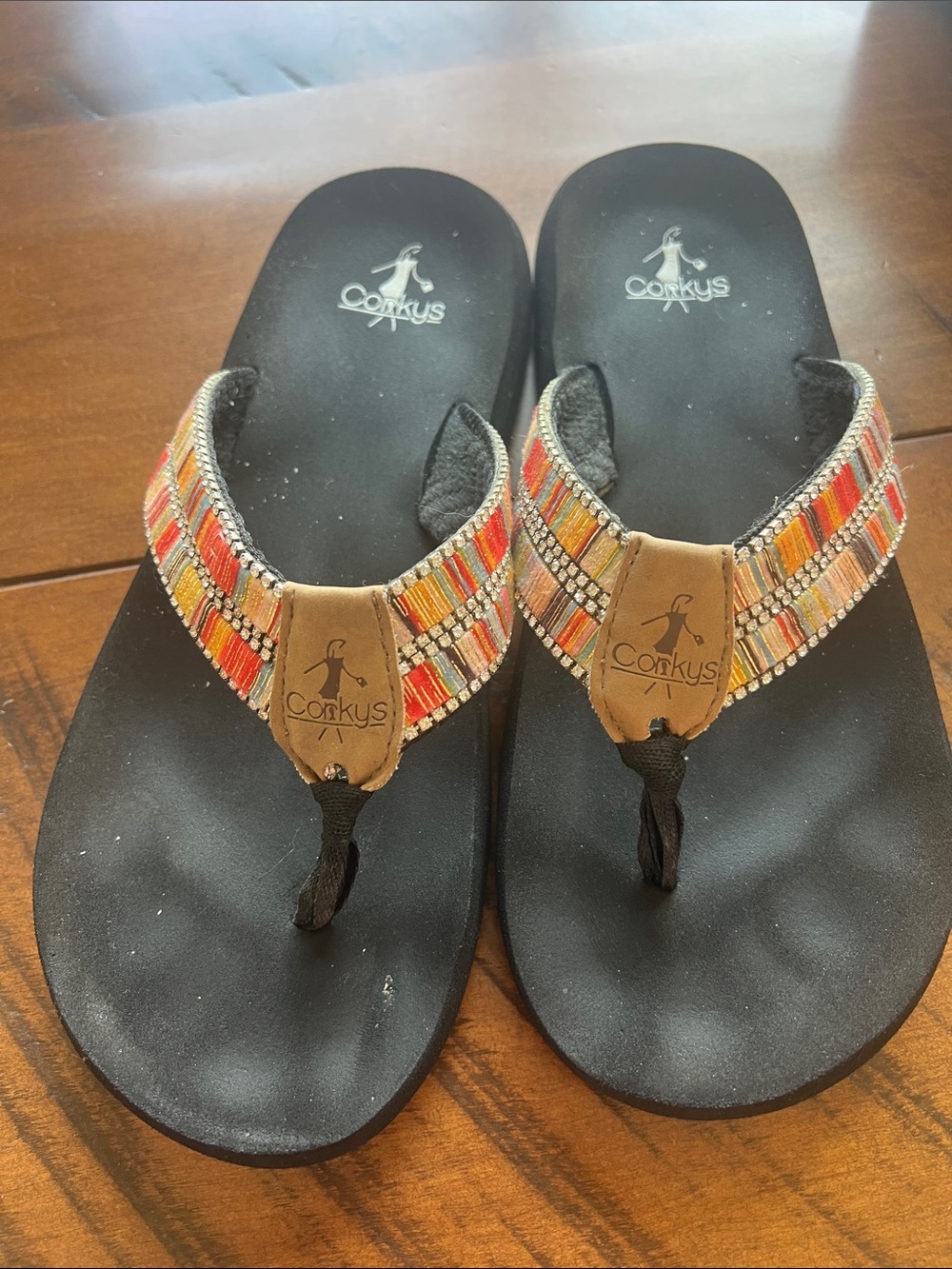 Corkys Women's Black Thong Sandals with Multicolor Beaded Straps